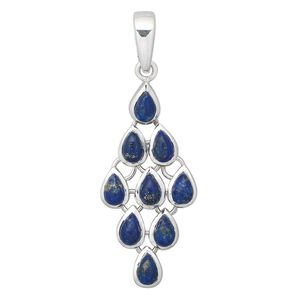 Pendant, sterling silver and lapis lazuli (natural), 38x19mm diamond, 8x6mm teardrop. Sold individually.