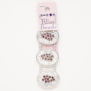 Spacer, silver-finished "pewter" (zinc-based alloy) and glass, purple and pink, 32x24mm hammered oval with hidden loops. Sold per pkg of 3.