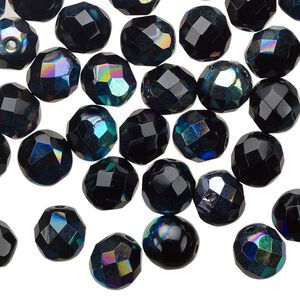 Bead 1pkg1 Czech fire-polished glass, 8mm faceted round, half-mass opaque half-coated jet black AB