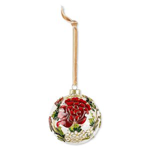 Ornament, glass / enamel / velveteen ribbon / gold-finished copper / brass / steel, clear and multicolored with glitter, 3-inch round with flower and leaf design. Sold individually.