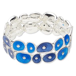 Bracelet, stretch, epoxy and silver-finished "pewter" (zinc-based alloy), light blue and dark blue, 23mm wide with circle design, 6 inches. Sold individually.