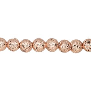 Lava rock 1pkg1, electrocoated round bead, rose gold 15.5-16 inch 6-7mm