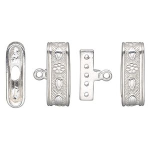 End bar 1pkg1 sterling silver, 19x5.5mm fancy oval cap / inside bar 15x7mm / flower & marquise design / 2sided / 17x3.5mm inside diameter, 5-strand