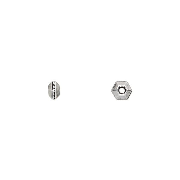 Bead, TierraCast&reg;, antique silver-plated pewter (tin-based alloy), 5x3mm faceted hexagon rondelle with beaded center. Sold per pkg of 100. image number 0