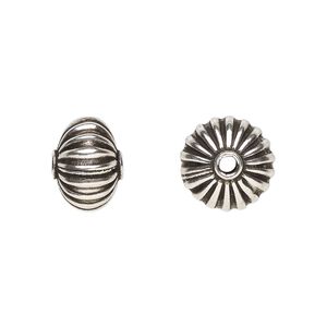 Bead 1pkg4 sterling silver, 11x8mm corrugated rondelle, antiqued