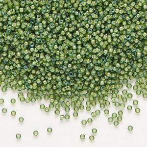 Seed bead, Miyuki, glass, pkg/250g, #15 rocaille, translucent white-lined luster light green, (RR-3764).