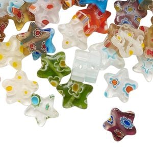 Bead mix, millefiori glass, translucent and transparent multicolored, 9-11mm star. Sold per 2oz pkg, approximately 140 beads.