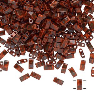 Seed bead, TILA&reg;, glass, pkg/10g, 5x2.3mm half tila rectangle, opaque Picasso red, (HTL-4520).