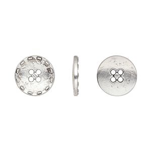 Button, antiqued silver-finished "pewter" (zinc-based alloy), 12mm single-sided flat round with stitched edge. Sold per pkg of 50.