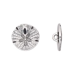 Button, TierraCast&reg;, antique silver-plated pewter (tin-based alloy), 17mm flat round sand dollar with loop. Sold per pkg of 20.