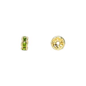 Bead 1pkg10 gold-finished, 6x3mm rondelle, brass / peridot green rhinestone
