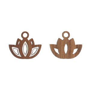 Drop, black walnut (natural) and aluminum foil, 16x11mm single-sided laser-cut lotus. Sold per pkg of 2.