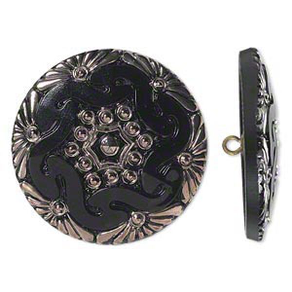 Button 1pkg1, Czech pressed glass and brass, black and silver, 41mm round with floral design and hidden open loop. image number 0