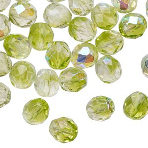 Bead 1pkg50 Czech fire-polished glass, 8mm faceted round, translucent clear / peridot green AB