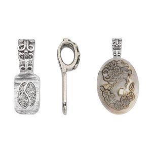 Bail, glue-on, pewter (tin-based alloy), pkg/1, antique silver plate, 22x8mm with 11x10mm rectangle flat base and decorative design.