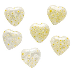 Bead, millefiori glass 1pkg6, translucent clear / yellow / white, 24x23mm-25x25mm puffed heart.