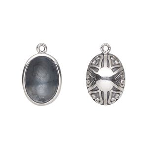 Drop, Almost Instant Jewelry&reg;, antiqued sterling silver, 16x11.5mm oval with 14x10mm oval setting and filigree sunburst design. Sold individually.