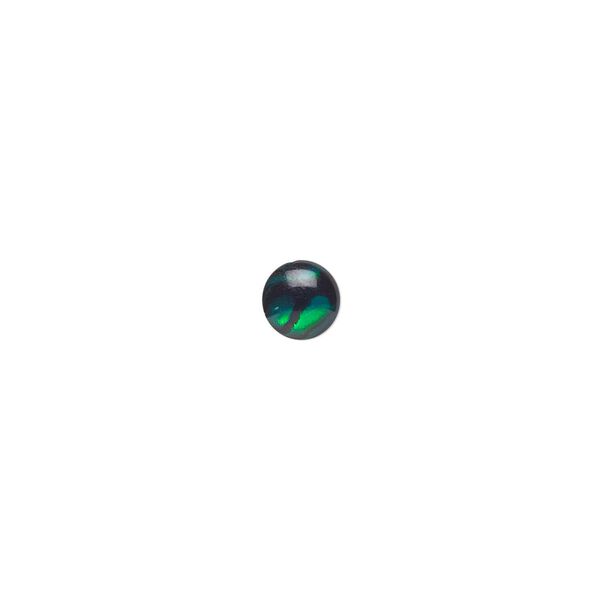 Cabochon, paua shell (dyed / coated), green, 6mm calibrated round, Mohs hardness 3-1/2. Sold per pkg of 10. image number 0