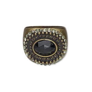 Ring, acrylic / glass rhinestone / antiqued brass-finished "pewter" (zinc-based alloy), green and black, 19mm wide with 10x8mm faceted oval, size 8. Sold individually.