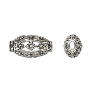 Marcasite / sterling silver 1pkg1, flat oval bead natural 20x11mm