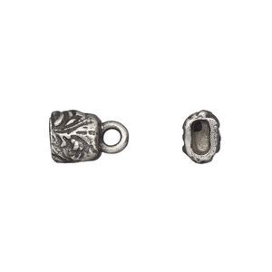 Cord end, TierraCast&reg;, "Vida Mas Dulce" collection, glue-in, antiqued pewter (tin-based alloy), 7.5x7mm two-sided rectangle with jardin design, 4x2mm inside diameter. Sold per pkg of 20.