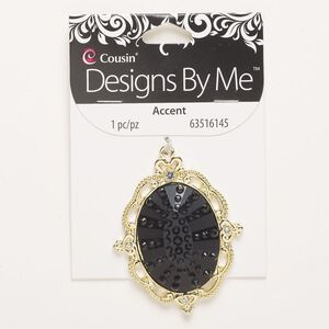 Focal, brass and glass, pkg/1, gold finish / black / clear, 58x47mm fancy oval.