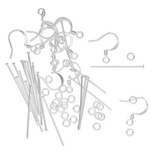 Earring finding assortment 1pkg60 silver-plated, 16mm fishhook ear wire / 1.125 inch head pin / 4mm jump ring, 22 gauge brass