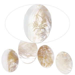 Focal, mother-of-pearl shell (natural/bleached) 1pkg5, 60x43mm-69x51mm top-drilled hand-carved oval with peach design.