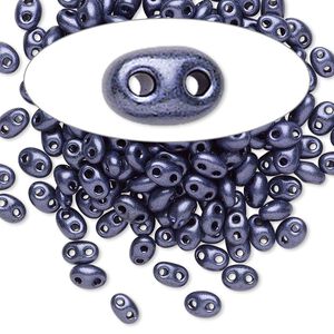 Seed bead, Preciosa Twin&trade; Czech glass, pkg/10g, 5x2.5mm oval, opaque eggplant terra pearl black, (28928).