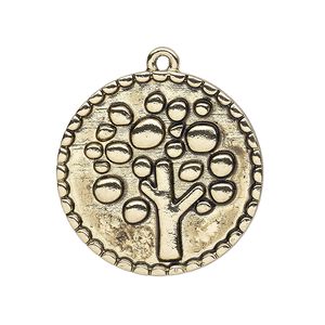 Focal, antique gold-finished "pewter" (zinc-based alloy), 30mm single-sided round with tree design. Sold per pkg of 2.