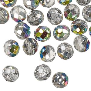 Czech fire-polished glass 1pkg50, faceted round bead opaque vitrail clear 8mm