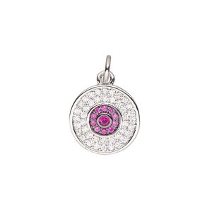 Drop, cubic zirconia and silver-finished brass, clear and pink, 12.5mm single-sided round with 5mm open jump ring. Sold individually.