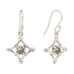 Earring, Create Compliments&reg;, antiqued sterling silver and labradorite (natural), fishhook, 32mm with 17mm single-sided open beaded diamond, 21 gauge. Sold per pair.