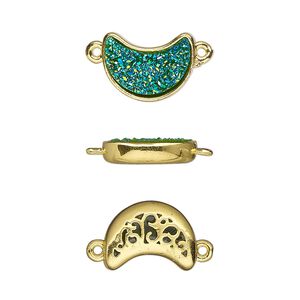 Link, Druzylite&trade;, "druzy" (resin) and gold-finished brass, green, 14x10mm two-sided moon with open filigree back. Sold per pkg of 4.