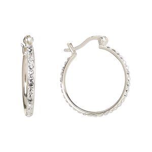 Earring, Create Compliments&reg;, sterling silver and crystal, clear, 22.5mm round hoop with safety latch. Sold per pair.