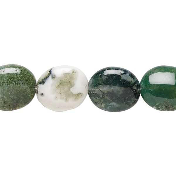 Moss agate 1pkg1, flat oval bead natural 15.5-16 inch 14x12mm image number 0