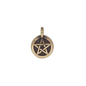 Charm, TierraCast&reg;, antique brass-plated pewter (tin-based alloy), 12mm single-sided round with pentagram. Sold per pkg of 2.
