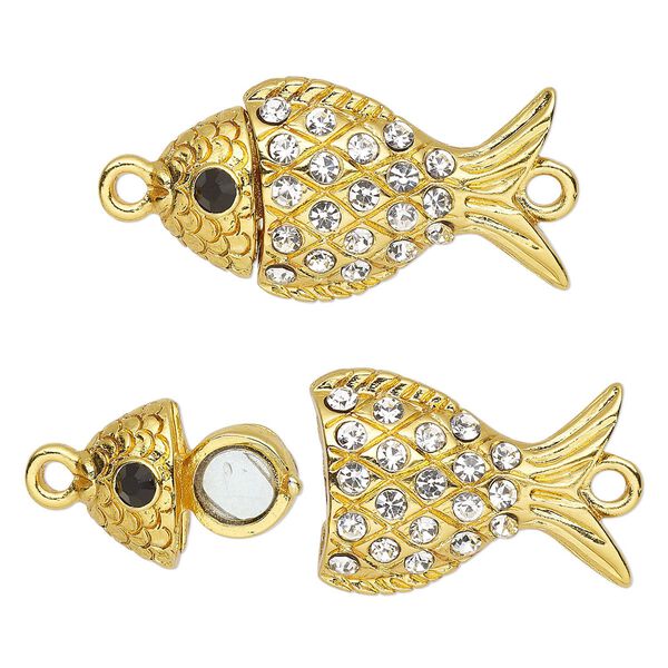 Clasp magnetic 1pkg1 gold-plated "pewter" (zinc alloy), 32x18mm 3D fish, black / clear rhinestone 1-strand image number 0