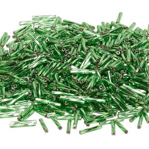 Bead, Miyuki, bugle bead, glass, pkg/250 g, 12x2mm center-drilled twisted, silver-lined translucent green, (TW-16).