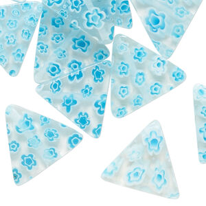 Bead, millefiori glass 1pkg2oz, translucent and tranparent clear / white / blue, 17x15mm-18x16mm flat triangle.