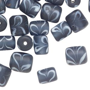 Bead, glass, translucent navy blue and white, 9x7mm round tube with swirl design. Sold per pkg of 40 beads.