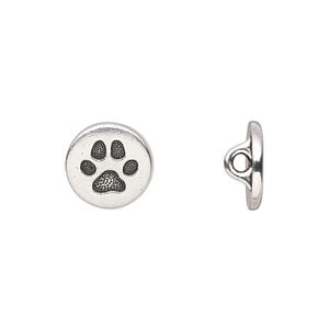 Button, TierraCast&reg;, "Spot and Whiskers" collection, antique silver-plated pewter (tin-based alloy), 12mm flat round with dog paw and loop. Sold per pkg of 2.