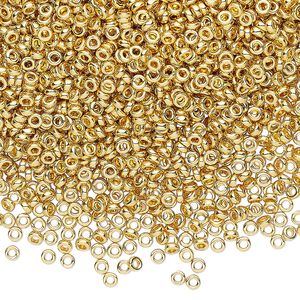 Seed bead, Miyuki, glass, pkg/250g, 2.2x1mm spacer rondelle, opaque 14Kt gold-plated, (SPR2.2-191).