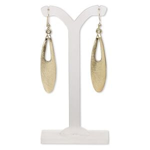 Earring, gold-finished brass and "pewter" (zinc-based alloy), 61mm with scratched oval go-go and fishhook ear wire. Sold per pair.