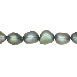 Freshwater 1pkg1, flat-sided rice pearl, 15.5-16 inch dark forest green 7-9mm cultured