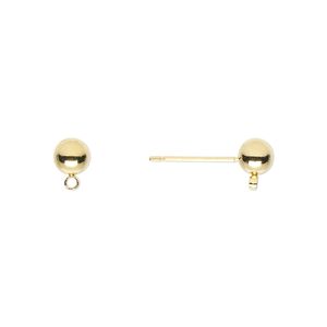 Earstud 1pkg100, 5mm ball / closed loop, gold-finished brass / stainless steel 50 pair