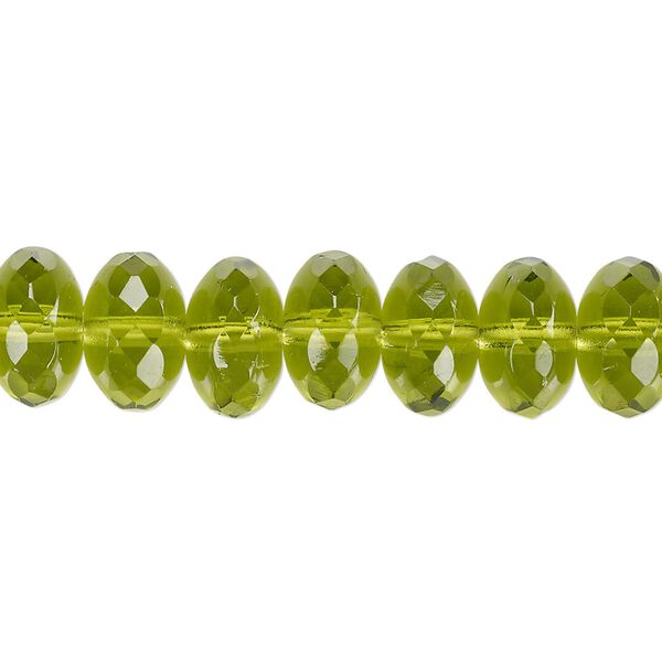 Bead, Czech fire-polished glass, olivine, 11x7mm faceted rondelle. Sold per 15-1/2" to 16" strand. image number 0