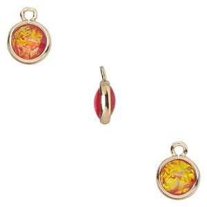 Drop, Opalized Ice&trade;, "opal" (resin) and gold-finished brass, orange, 9.5mm double-sided round. Sold per pkg of 6.