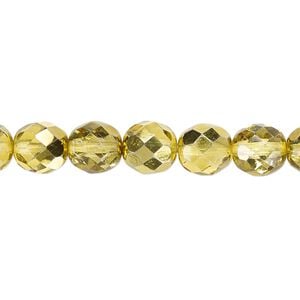 Bead, Czech fire-polished glass, clear with half-coat metallic yellow gold, 8mm faceted round. Sold per 15-1/2" to 16" strand.