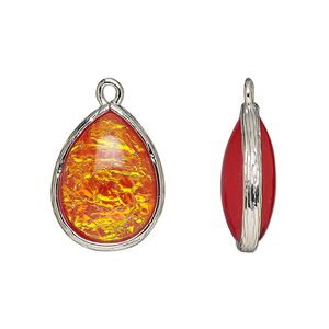 Drop, Opalized Ice&trade;, "opal" (resin) and imitation rhodium-finished brass, opaque orange, 19.5x15mm double-sided teardrop. Sold per pkg of 4.
